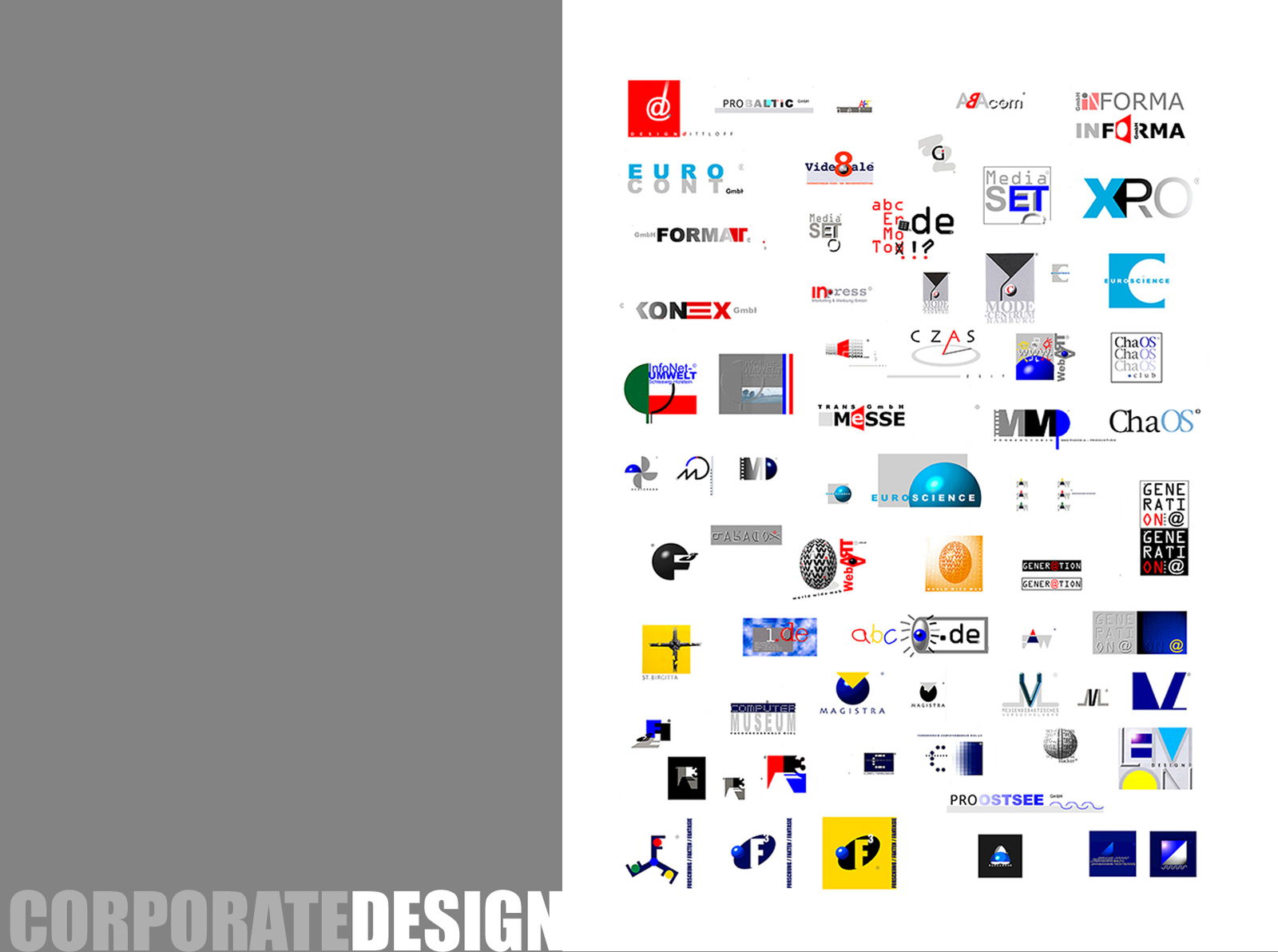 Tafel mit grauem Titelbalken Corporate Design und rechts einem Raster aus rund sechzig farbigen Firmenlogos und Wortmarken.